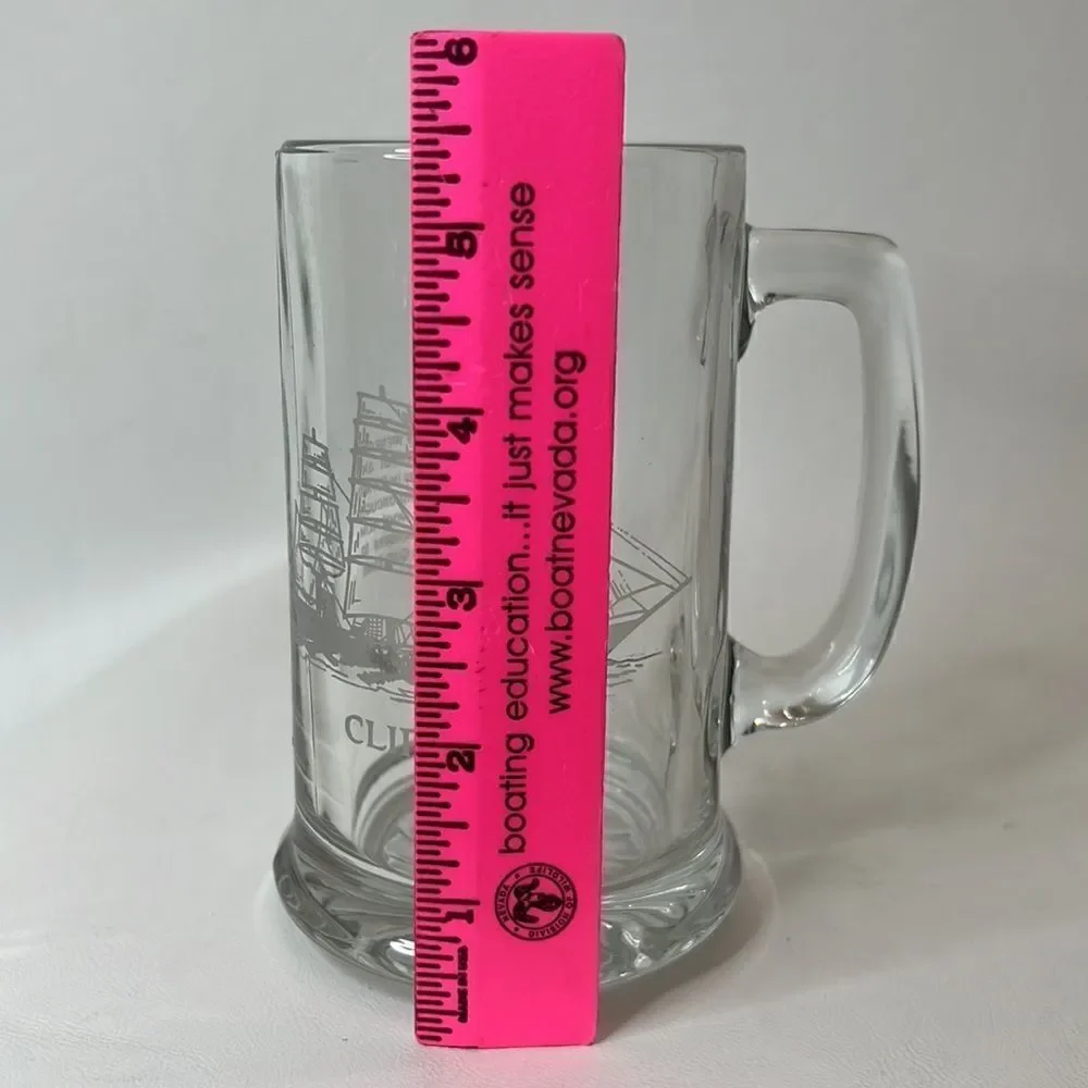 Clipper Sailing Ship Beer Stein Clear Glass White Letters 14 Oz 5 3/4 In Tall